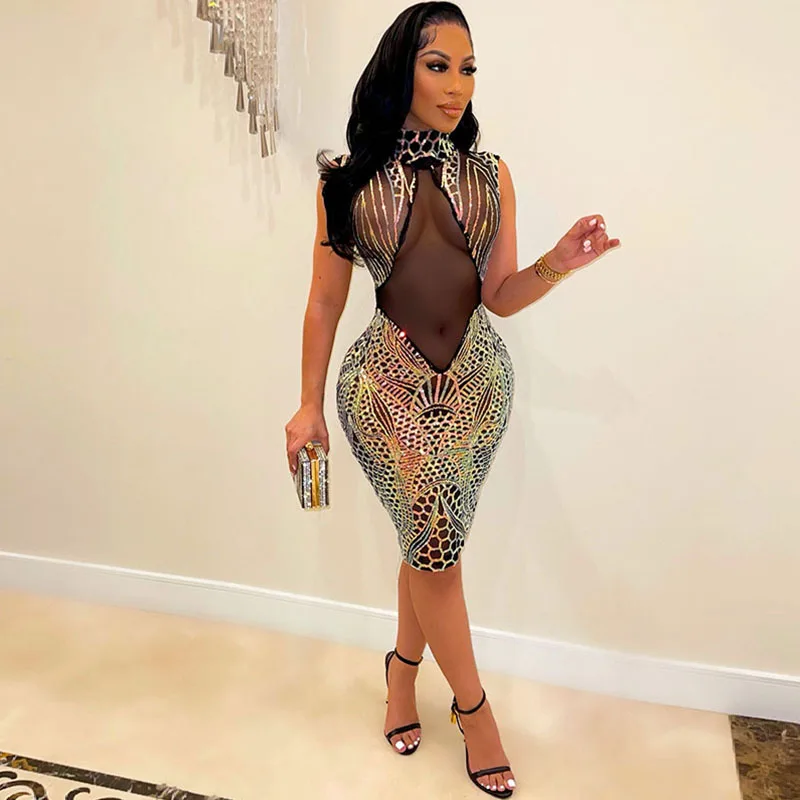 Женское вечернее платье с блестками элегантное Сетчатое без рукавов в стиле