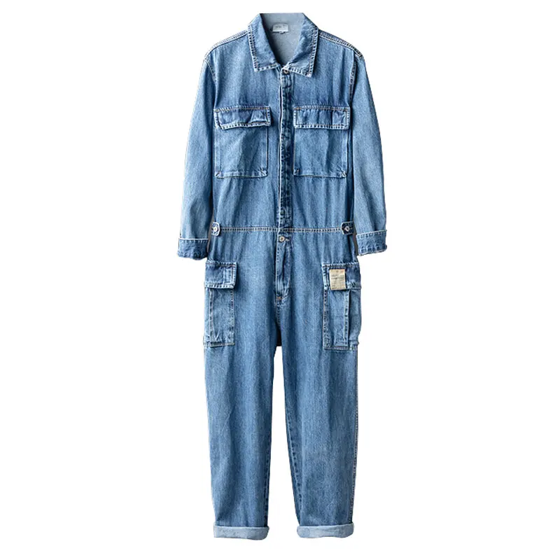 Spring Jeans Overalls Men Denim Jumpsuits Long Sleeve Lapel Multi Pocket Retro Loose Street Hip Hop Workwear Pants Blue Trousers