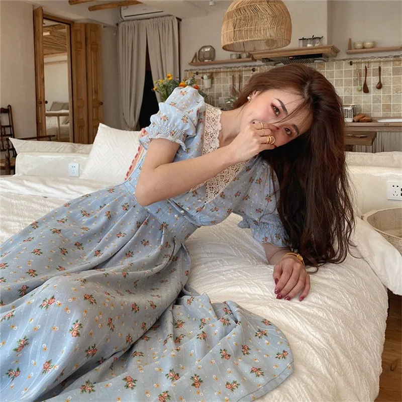 Винтажное кружевное платье-миди с пышными рукавами летнее женское повседневное