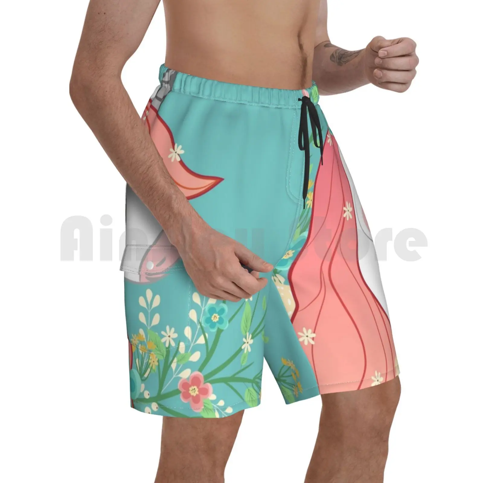 

Pink-Maned Unicorn Beach Shorts Men Beach Pants Swim Trunks Unicorn Flowers Floral Turquoise Pink Ombre Mane Pretty