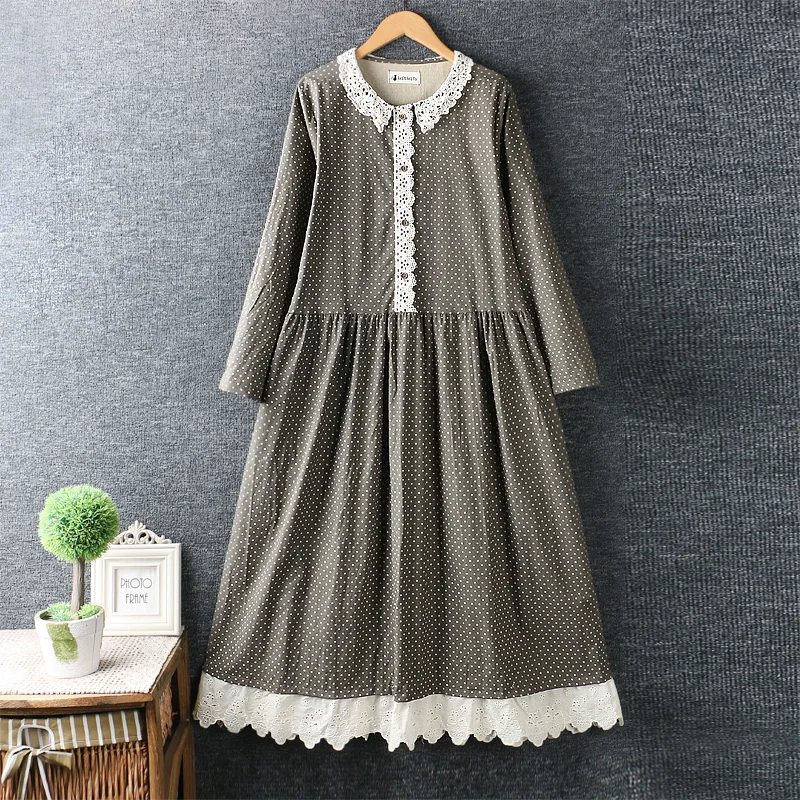 Новое весеннее женское платье из хлопка и льна свободное кружевное в горошек с