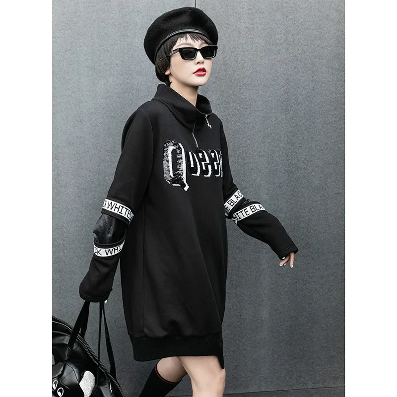 Max LuLu Korean Fashion Style Women Punk Sequins Dresses Ladies Loose Black Warm Winter Dress Casual Printed Turtleneck Vestidos | Женская