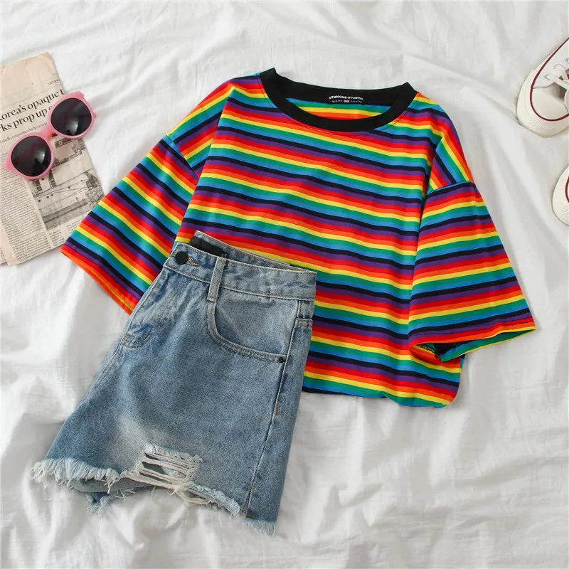 Sweet Rainbow Stripe Women Summer T-Shirt Minimalist Short Sleeve clothes Vogue Tops tee shirt couple tshirt top | Женская одежда