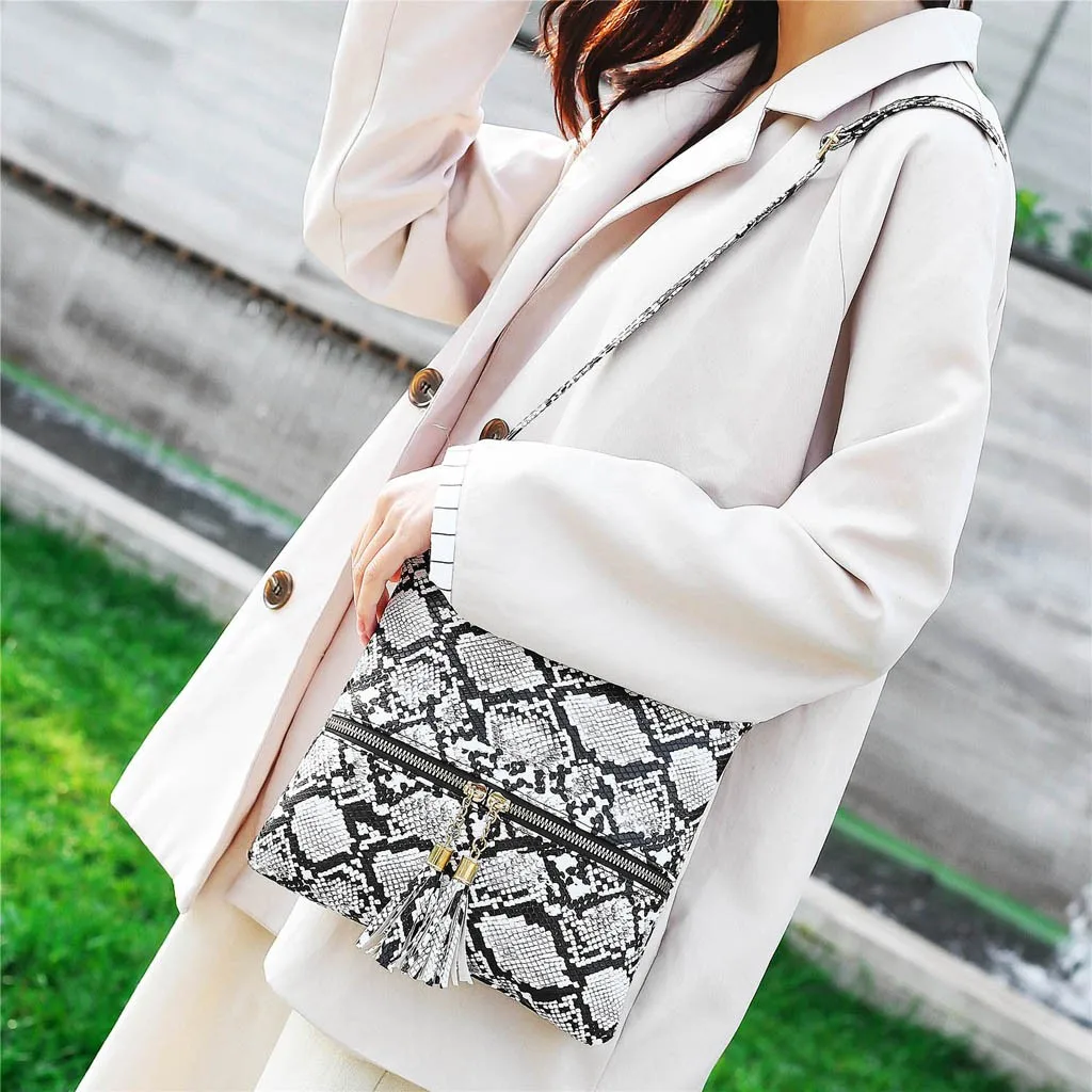 Fashion Women Tassel Snake Printing Zipper Messenger Bag Handbag Shoulder Bag Elegant Small Square Bags#YJ