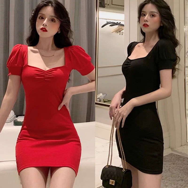 

Fashion Summer Dress Lady Square Collar Solid Color Elegant Party Dress Short-sleeved Puff Sleeve Wild Casual Sexy Dresses M