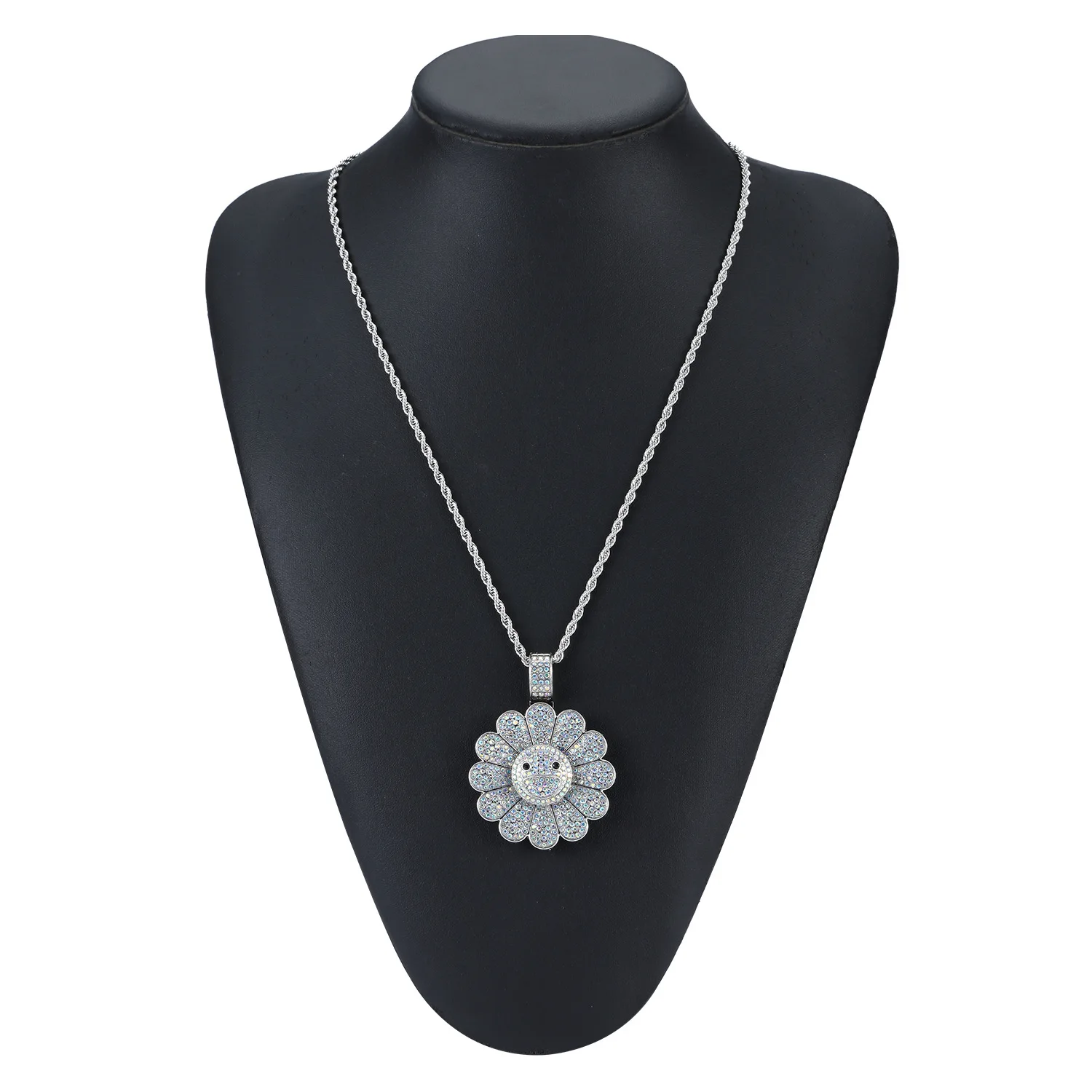 

YPAY 2021 Hip hop seven-color sun flower necklace pendant can rotate HIPHOP tide brand men and women hip hop jewelry