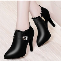 2020 winter super high heels ankle boots women dress shoes lace pointed toe botas mujer rhinestone booties gladiator black