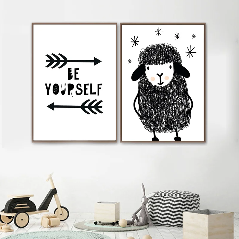 Скандинавская мультяшная Черно Белая настенная Картина на холсте позитивная