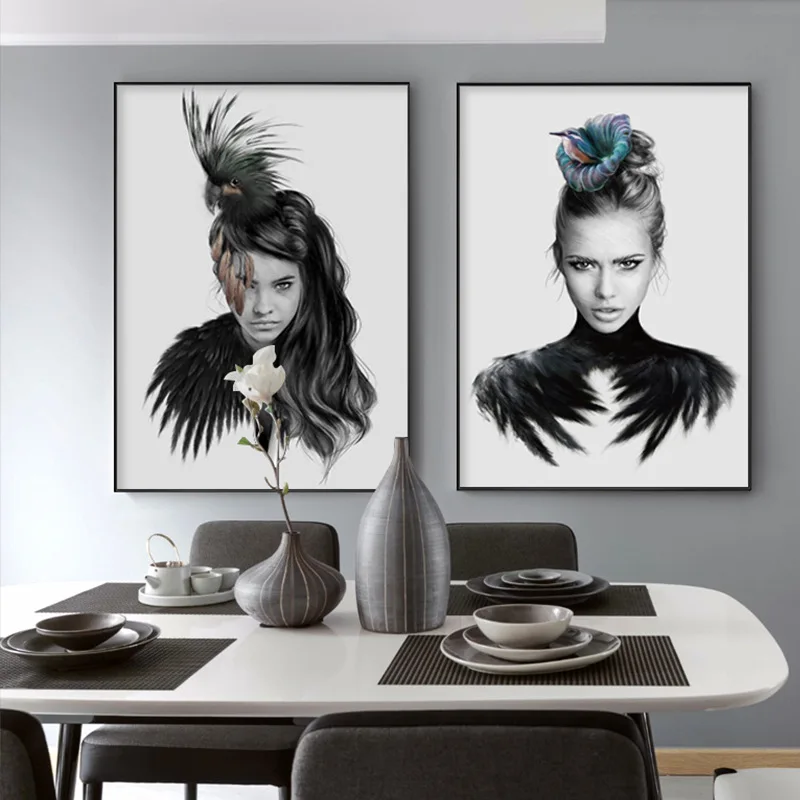 Настенный плакат в скандинавском стиле белая и черная красивая птица женщины с