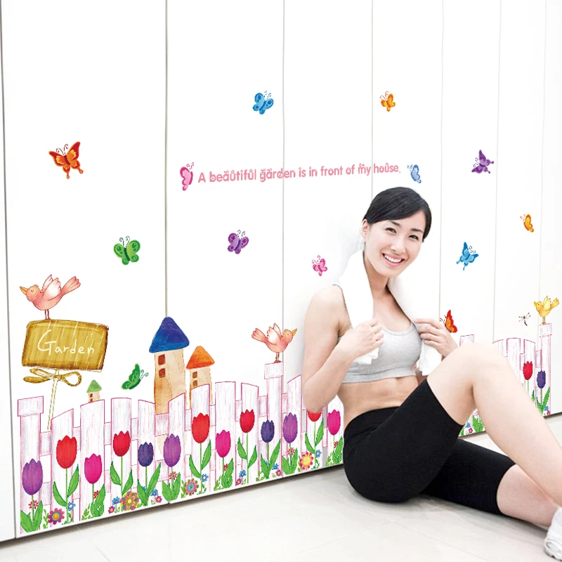 

Baseboard tulip Butterflies Wall Stickers for home Decor kids room Skirting Living room Bedroom Mural Beautiful flowers sticker