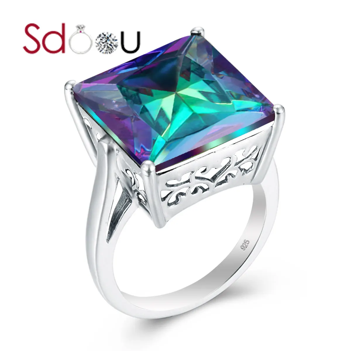 

SDOOU Silver 925 Rings For Women Mystical Topaz Rainbow Ring Gothic Style Square Gemstone Handmade Fine Jewelry Wholesale New
