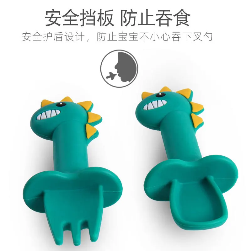 

Baby silicone short handle fork spoon kids training spoon dinosaur lick children tableware mother and baby products 2pcs cheap