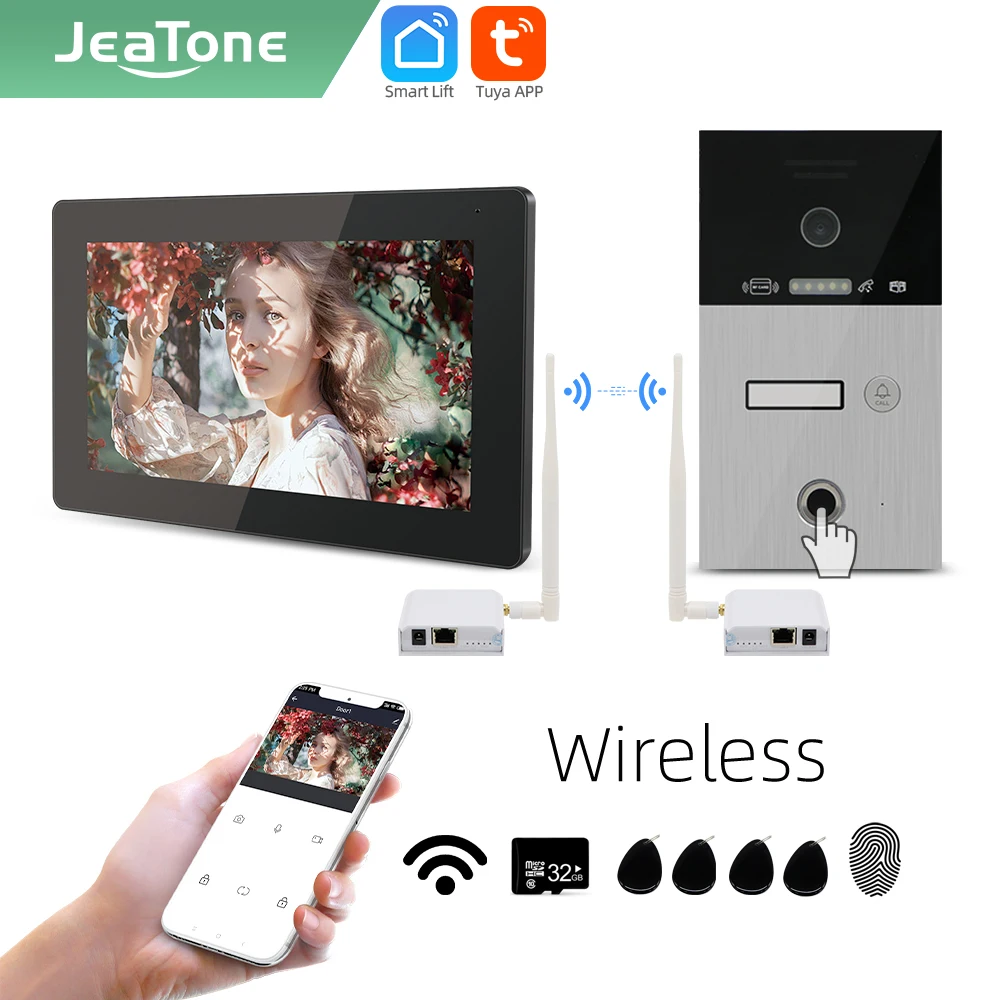 NEW Jeatone Tuya Smart 7 inch WIFI IP Video Intercom Doorbell Doorman Camera System with Wireless House/Home Bridge Box BLACK