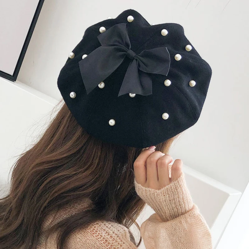 

HT3976 женские береты на осень и зиму, шерстяной берет, шапка, дамские шапки с большим бантом и жемчугом художника для женщин, ретро Восьмиуголь...