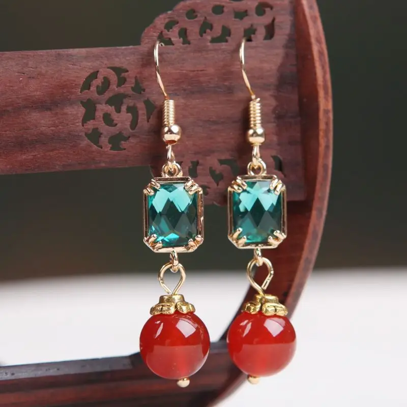 

Handmade Vintage Red Agate Earrings with Blue Stone Fine Jewelry Dangle Earing