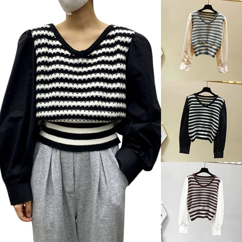 

Корейской версии v-образным вырезом Фонари-муфтовая свитер сдлиннхыми рукавами сгероями из темперамент тапочек со свободным верхом осень-з...