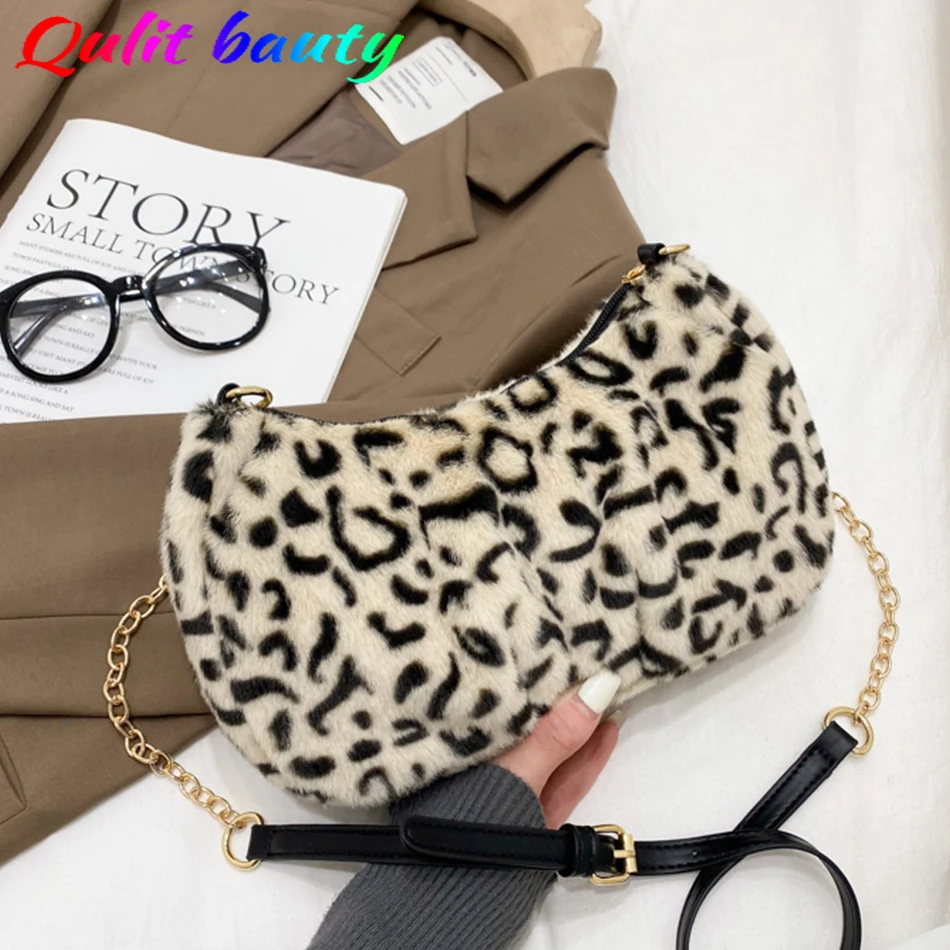 

Fashionable Soft Rabbit Fur Women's One-shoulder Messenger Bag 2021 Winter New Leopard Female Crossbody Bag Ladies Handbags Sac