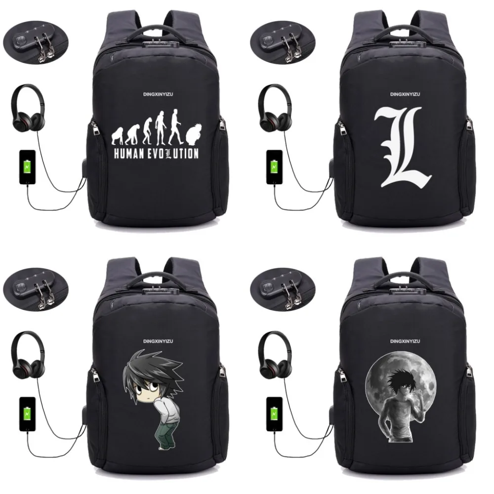 

anime Death Note backpack USB Charging Laptop student book bag Teenager Male Leisure Travel Backpack Anti Thief Package 20 style