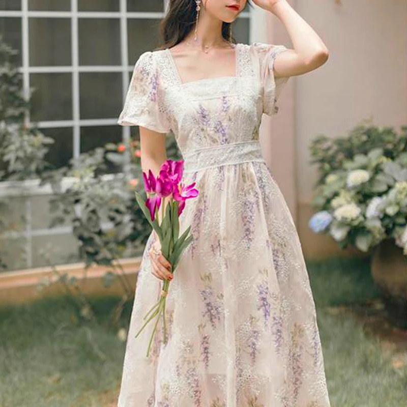 

Милое винтажное платье миди, женское повседневное элегантное кружевное платье с коротким рукавом, женское вечернее шикарное цельнокроеное...