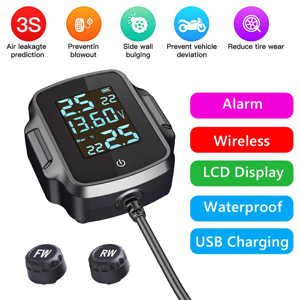 

AN-08A Motorcycle TPMS Motorbike Tire Pressure Monitoring System Tyre Temperature Alarm System with QC 3.0 USB Charger for Phone