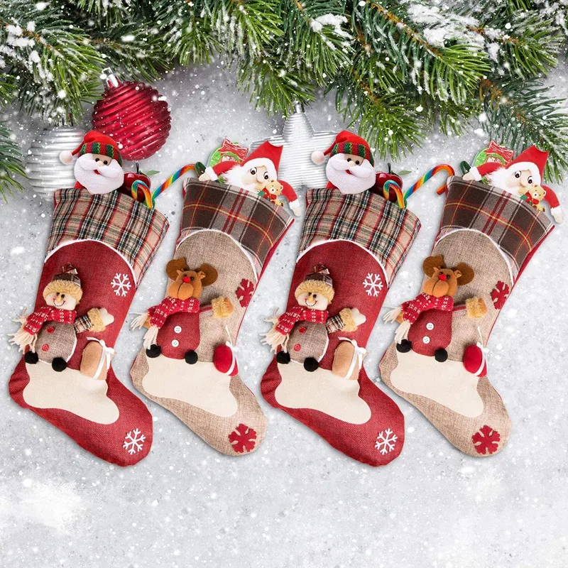 

AT69 -Christmas Stockings 4 Pack,Reindeer Snowman Xmas Stockings,Fireplace Hanging Stockings for Christmas Decoration