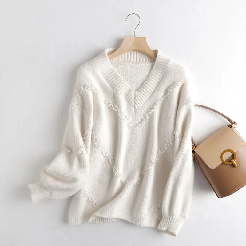 

Fringed Women Sweater Lantern Sleeve Ribbed V-Neck Sweater Fall 2021 Women Clothing