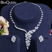 beaqueen clear cubic zircon ice flower long leaf pendant drop necklace and earring african dubai wedding dress accessories js025