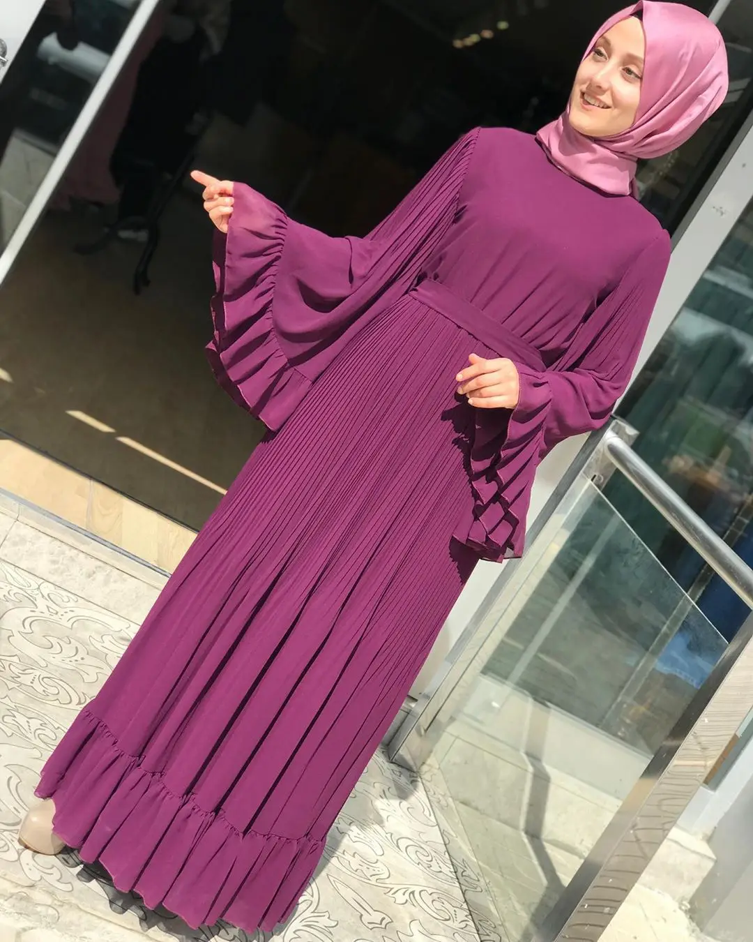 Платье-хиджаб женское Плиссированное с широким рукавом на шнуровке | Женская