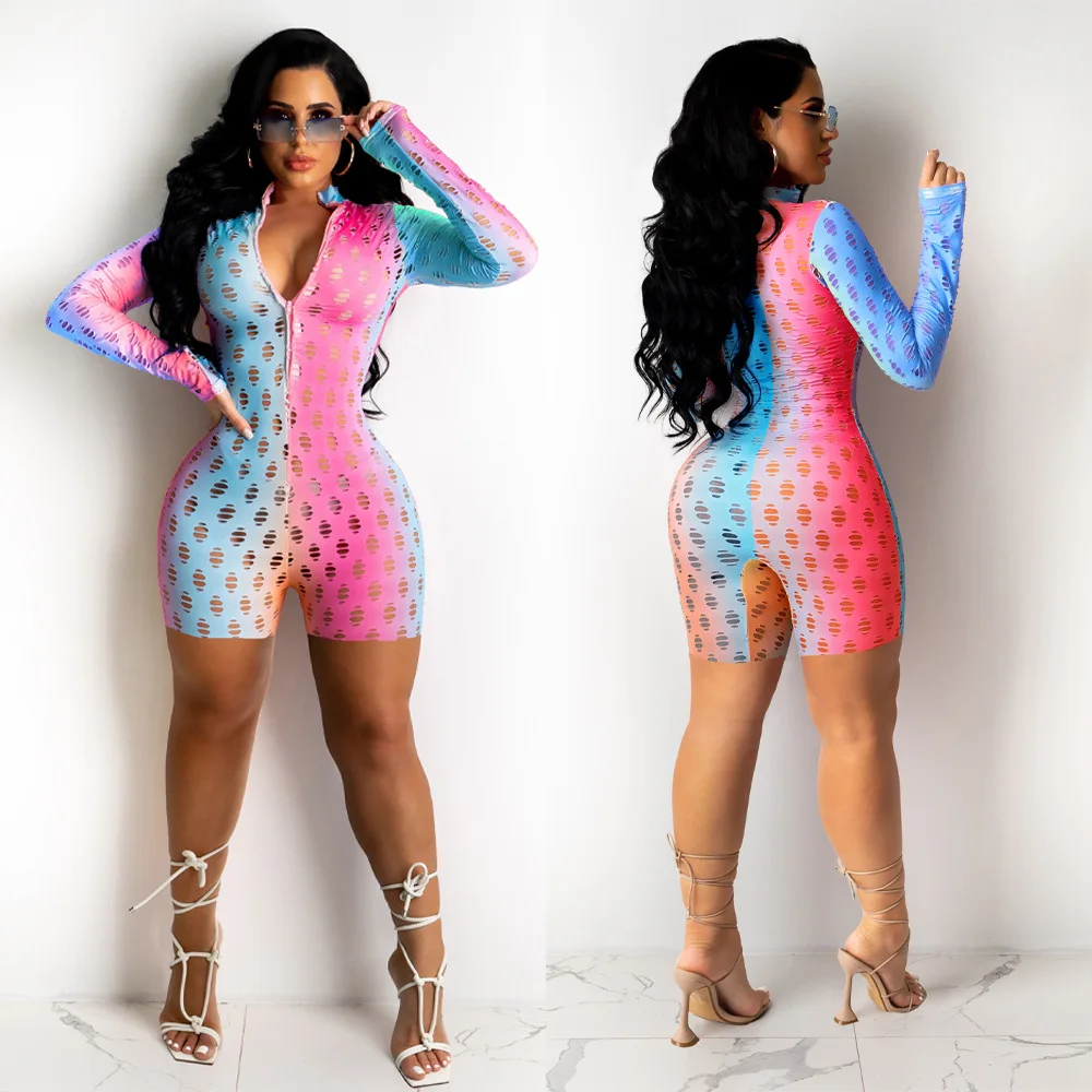 

Fishnet Hollow Out See Through Skinny Playsuits for Women Deep V Neck Long Sleeve Beach Outfit Summer Gradient Color Bodysuits