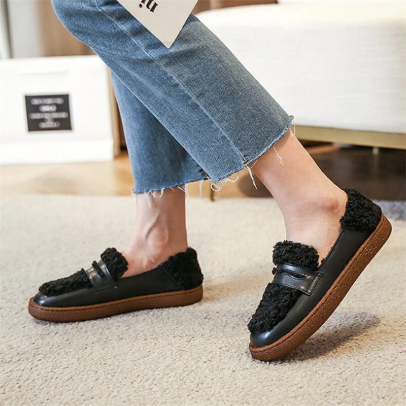 Boots Female Women Shoes Big Size 43 Winter Loafers with Fur Woman Flats Ladies Slip on Warm Comfy Sport Shoes Womens Fur Shoes