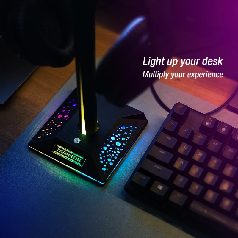 

RGB Gaming Headset Desk Bracket Phone Holder With 3.5mm AUX USB Charger Ports RGB Headphone Stand Fingerprint Control