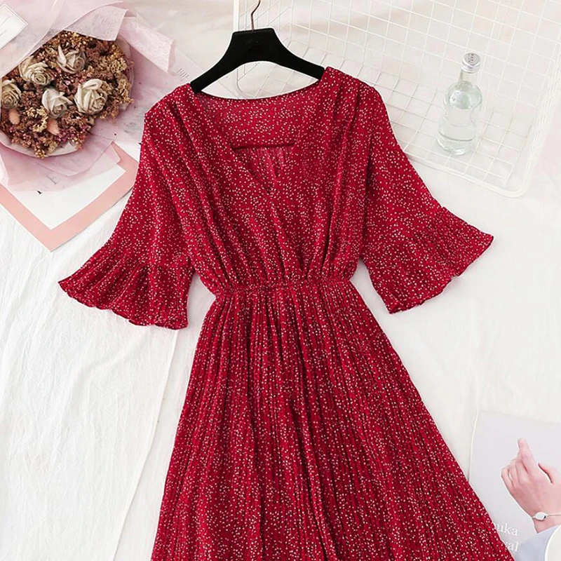 Женское шифоновое платье с расклешенными рукавами элегантное плиссированное