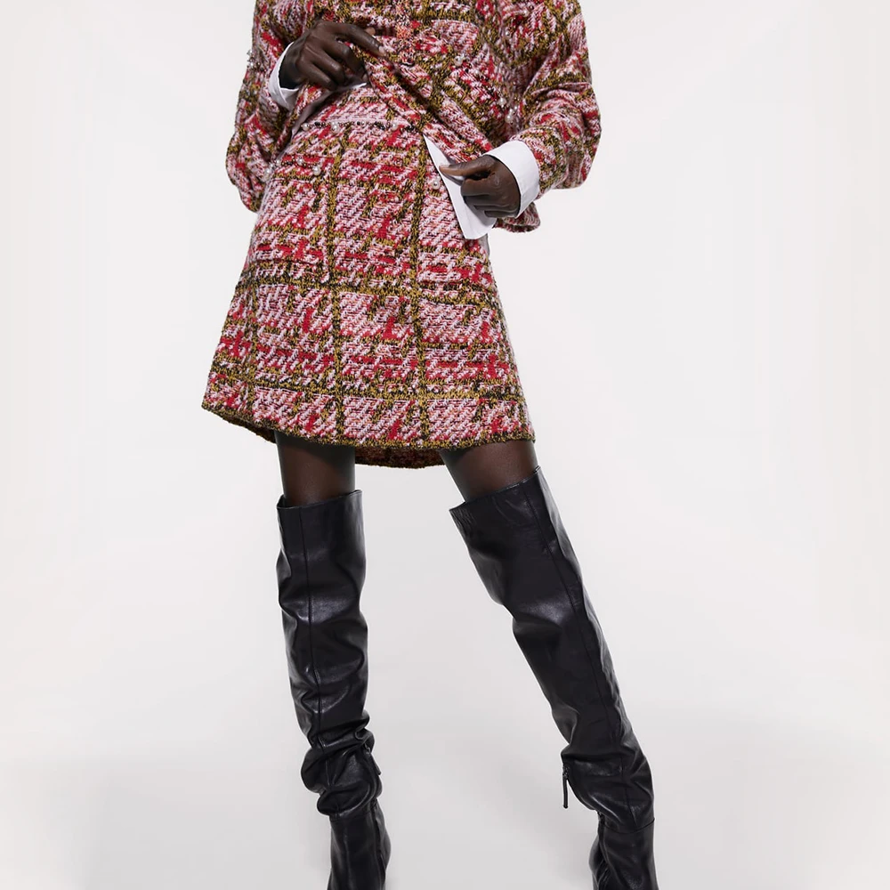 ZA осенне зимний новый комплект с юбкой и свитером вязаный клетчатый свитер