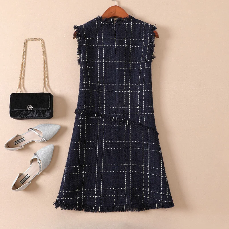 Женское шерстяное платье жилет без рукавов винтажное твидовое мини в клетку с