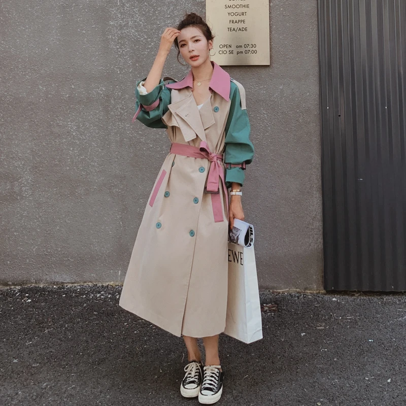 

Brand New Vogue Lady Trench Coat Double-Breasted with Belt Patchwork Design Oversize Duster Coat Women Outerwear Spring Autumn