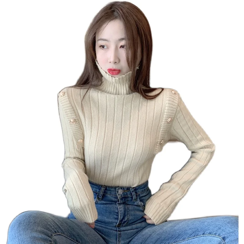 

New design feeling double-breasted knitting render unlined upper garment of qiu dong Hong Kong flavor brim turtleneck female lon