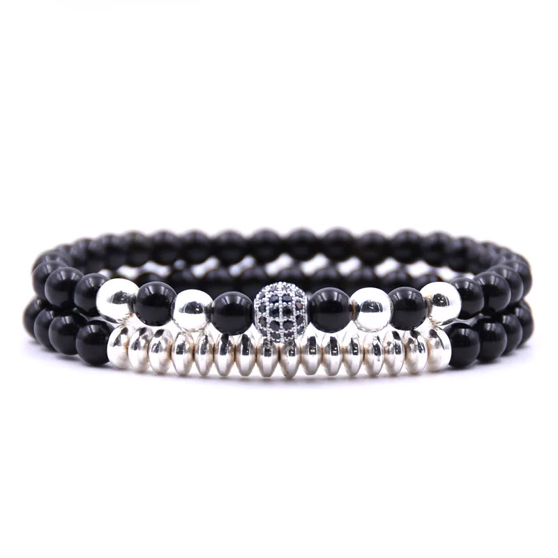 2 шт/комплект из натуральных камней черного мяч для мужчин бисер браслет Micro Pave CZ 6