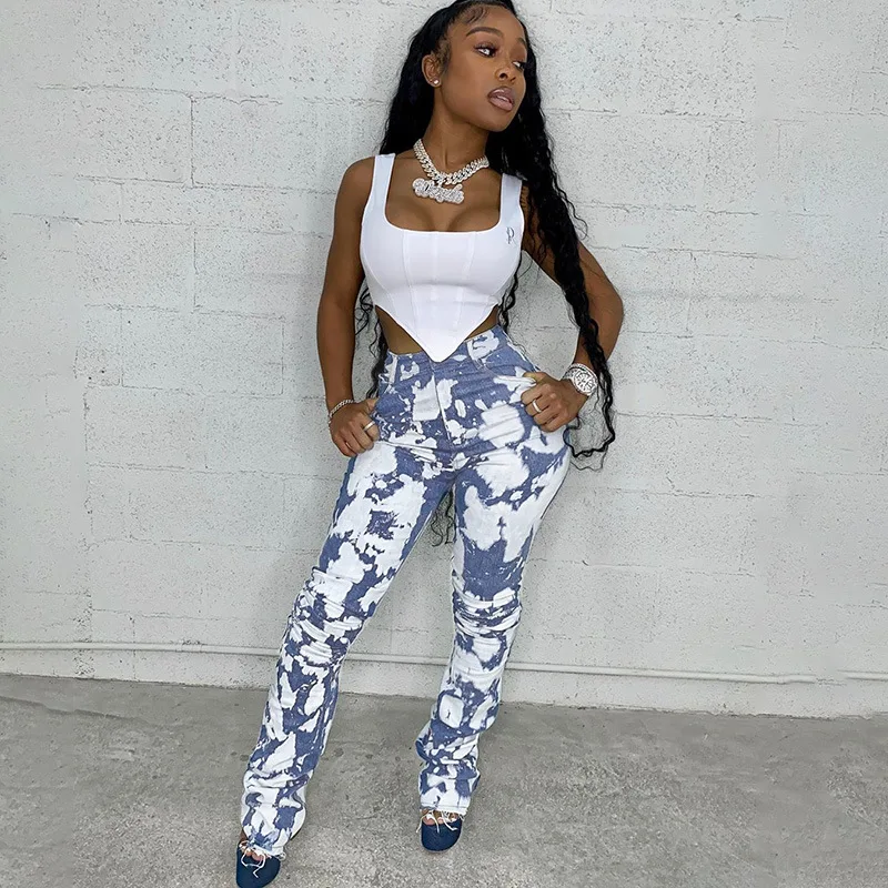 

Light Blue Designs Fall Stacked Jeans Women 2021 Hot Sales Cargo Pants Jeans Hot Girls 18 OEM Manufacture Price Jean Romper