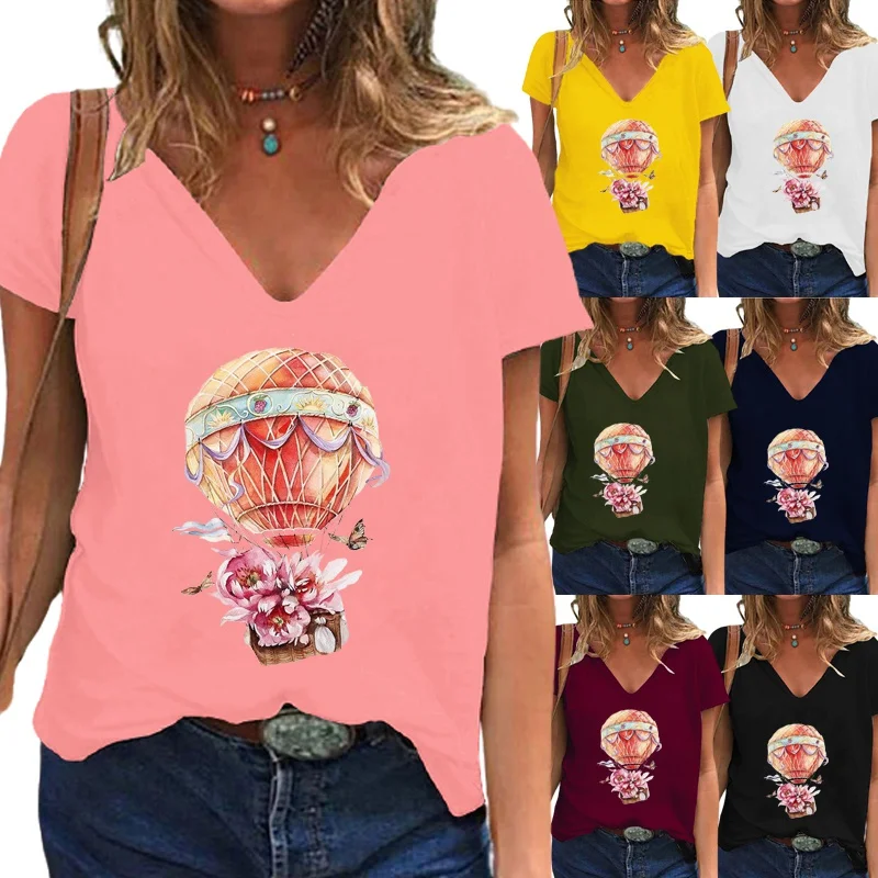 

Женская футболка с принтом воздушных шаров, Повседневная футболка с коротким рукавом и глубоким V-образным вырезом, однотонный пуловер, топ ...