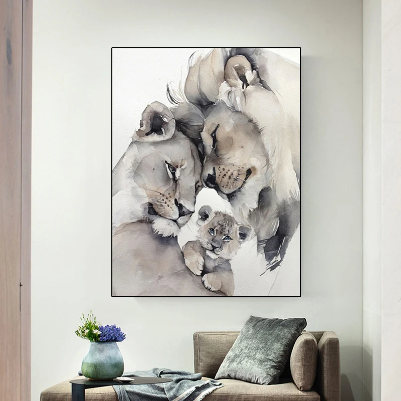Картина Счастливая семья львов Постер и принты с животными в скандинавском стиле