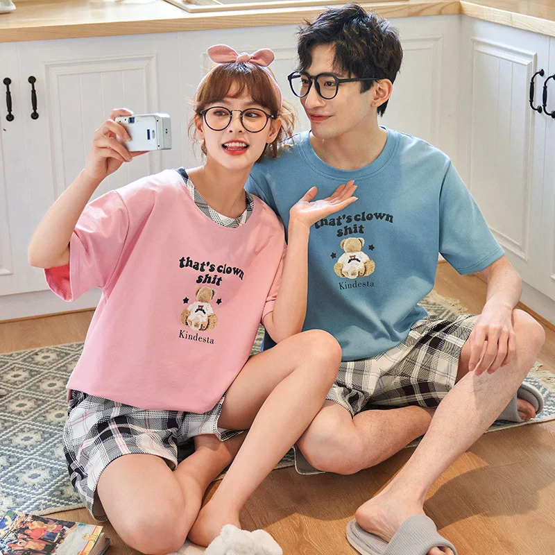 

Summer new style couple short-sleeved comfortable cartoon suit pajamas thin section ladies simple home service
