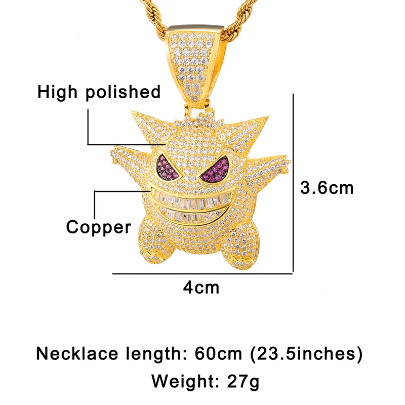 Bling Iced Out Zircon Gengar подвеска с покемоном ожерелье для мужчин Рэппер хип-хоп ювелирные аксессуары
