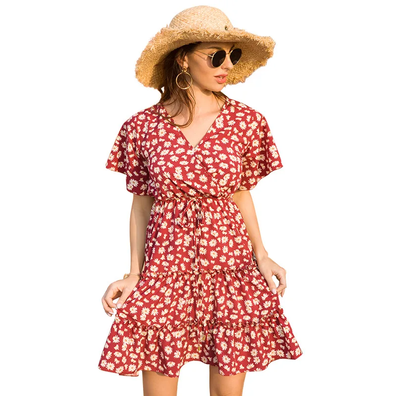 

12021 Europe and America 1 women's Chiffon V-neck lace up dress women's French leisure