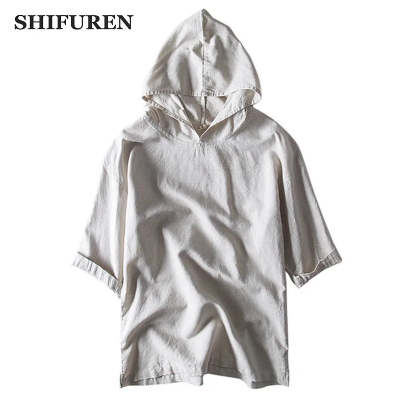 Рубашка SHIFUREN мужская с капюшоном блуза из хлопка и льна мягкая дышащая футболка
