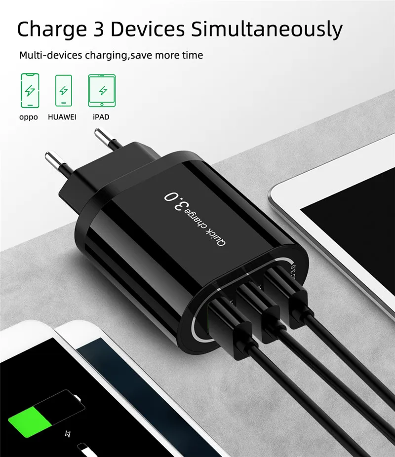 18 Вт Быстрая зарядка 3,0 USB зарядное устройство 3 порта QC3.0 Быстрая зарядка для iPhone 11 11Pro Max samsung S10 huawei P30 настенное зарядное устройство адаптер
