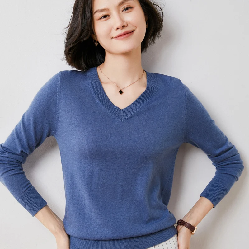 Sweater women spring 2021 new casual solid color sweater women slim knit sweater V-neck cashmere pullover wool top