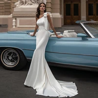 elegant sleeveless mermaid wedding dresses 2021 sweep train bows sashes square collar covered button jersey bridal gowns