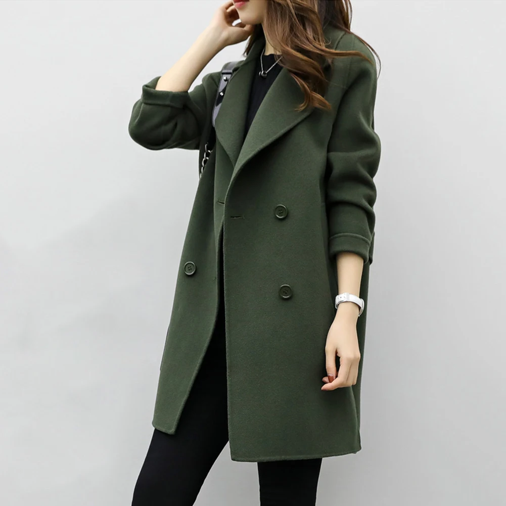 Coat Women Autumn Winter Jackets Solid Color Lapel Double-breasted Woolen Midi Trench Loose Long Sleeve Jacket Warm Keeping | Женская