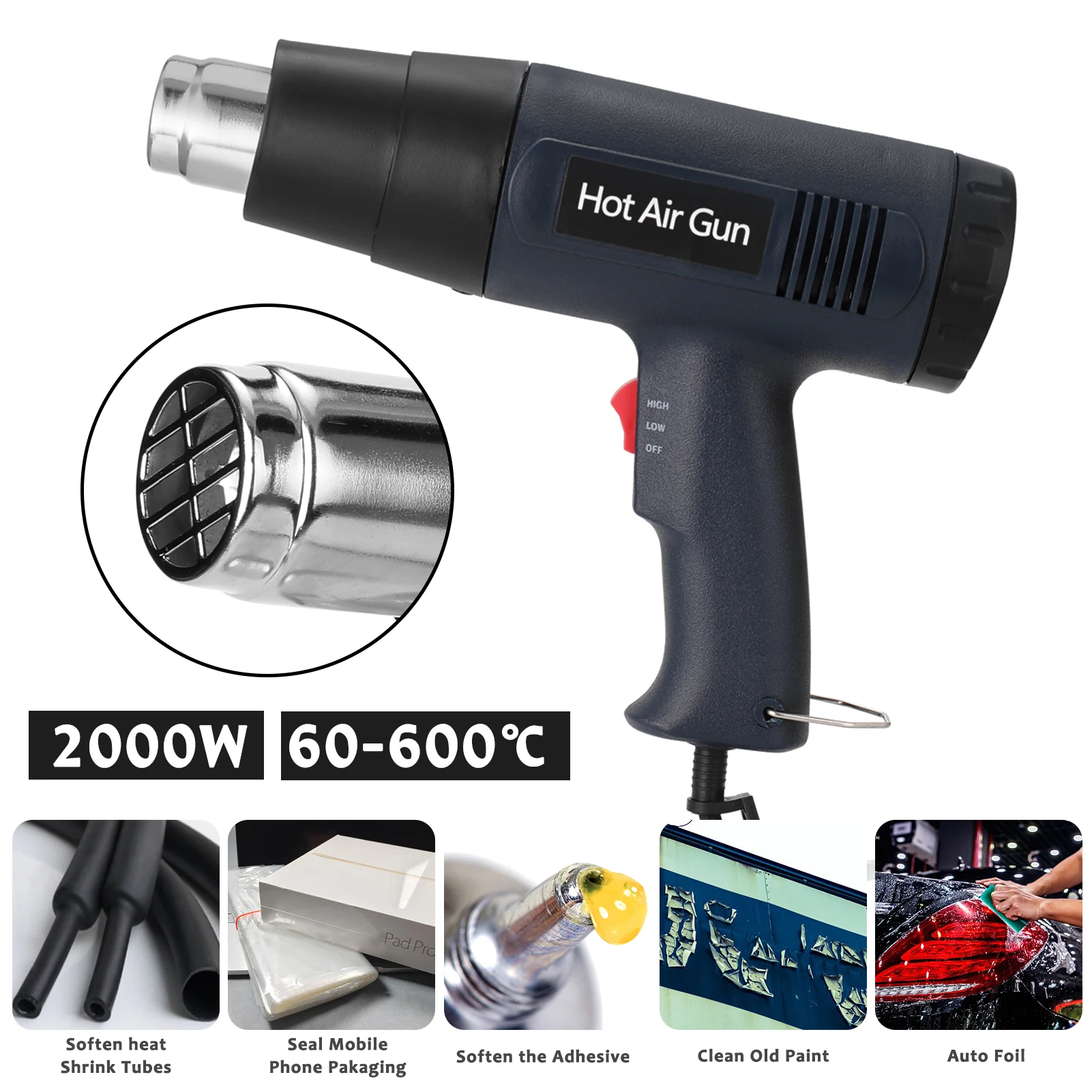 

2000W Portable Digital Display Electric Hot Air Machine Handheld Dual Wind Speed Film Heating Hot Air Power Tool