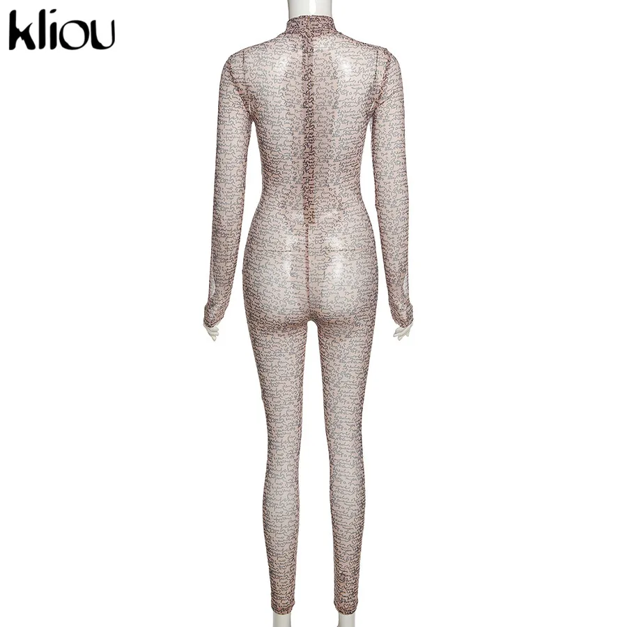 

Kliou Printed Sexy See Through Stretchy Jumpsuit Women Autumn Turtleneck Streetwear Skinny Slim Party Clubwear Bodycon Rompers